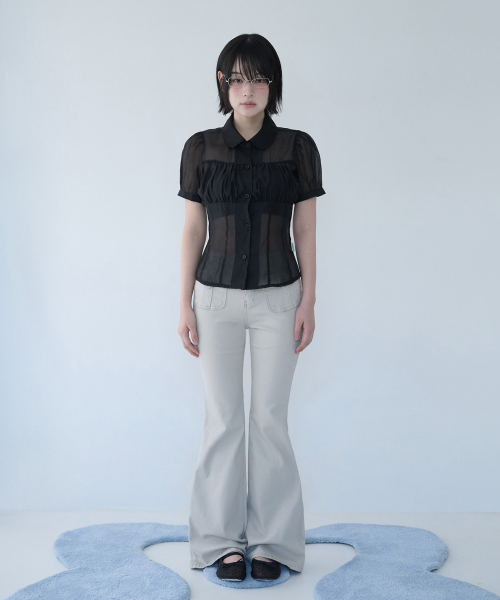 SHIRRING SHEER BLOUSE BLACK