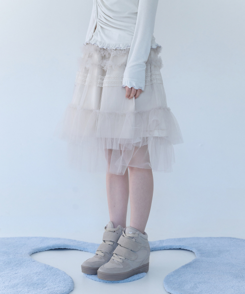 TULLE FRILL MIDI SKIRT SOFT BUTTER