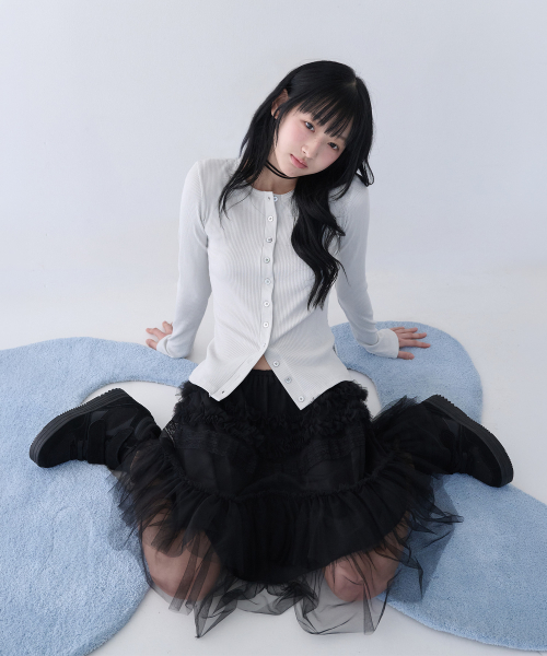 TULLE FRILL MIDI SKIRT BLACK