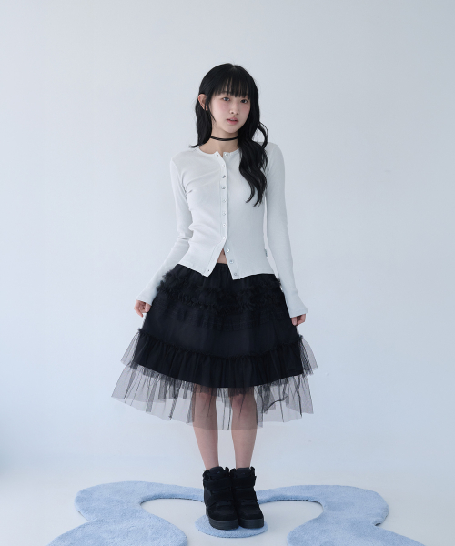 TULLE FRILL MIDI SKIRT BLACK