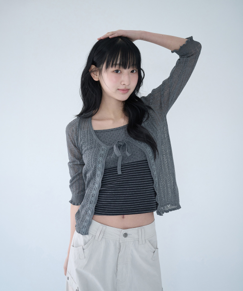 3/4 LACE KNIT CARDIGAN CHARCOAL