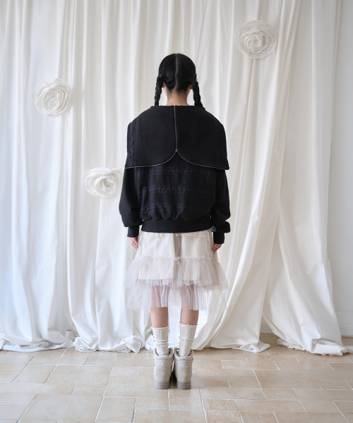 LACED TWOFOLD HOOD ZIP-UP BLACK