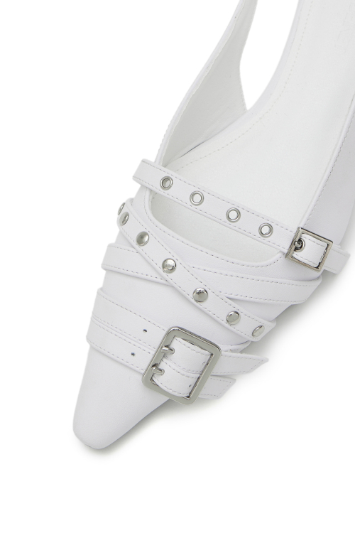 BUCKLE STUD AND EYELET SLINGBACKS IN WHITE