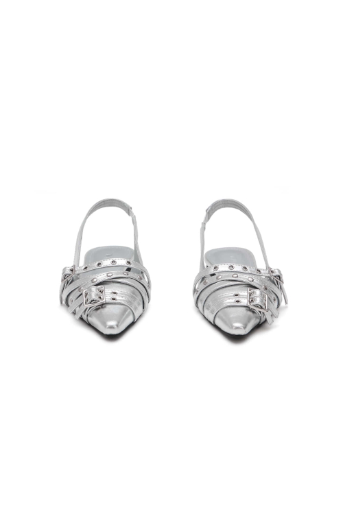 BUCKLE STUD AND EYELET SLINGBACKS IN SILVER