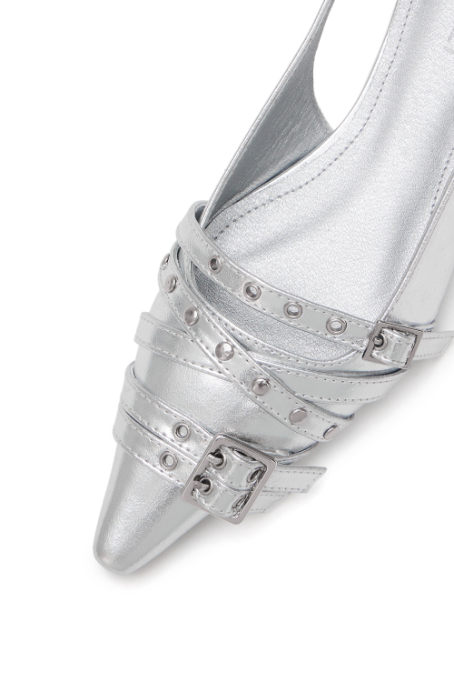 BUCKLE STUD AND EYELET SLINGBACKS IN SILVER