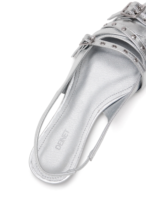 BUCKLE STUD AND EYELET SLINGBACKS IN SILVER