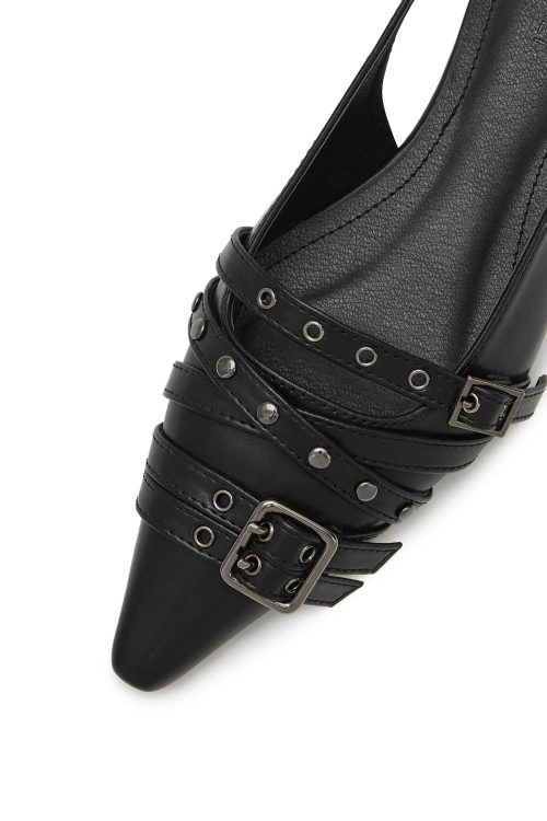 BUCKLE STUD AND EYELET SLINGBACKS IN BLACK