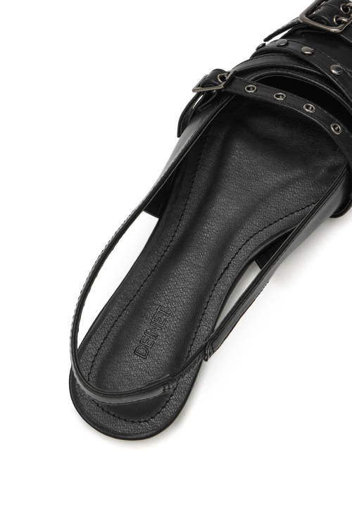 BUCKLE STUD AND EYELET SLINGBACKS IN BLACK