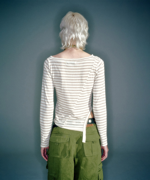 MAHO OFF-SHOULDER STRIPE LONG SLEEVE BEIGE