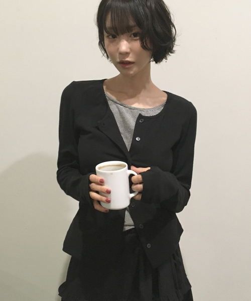 버튼업 단가라 레이어드 슬림 핏 롱슬리브 올데이 가디건 티셔츠 [블랙]