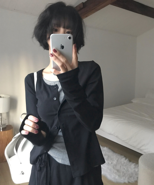 버튼업 단가라 레이어드 슬림 핏 롱슬리브 올데이 가디건 티셔츠 [블랙]