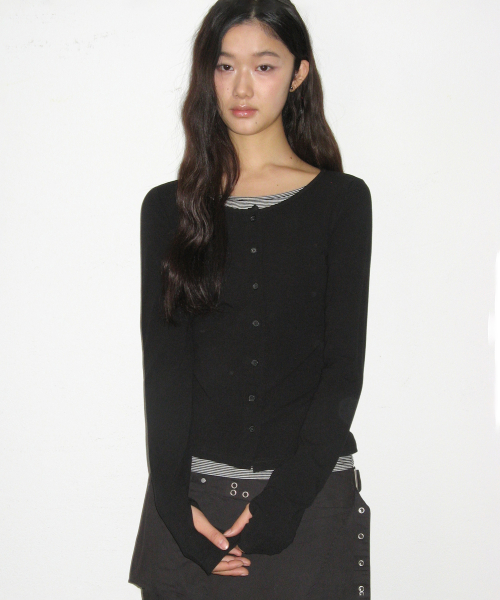 버튼업 단가라 레이어드 슬림 핏 롱슬리브 올데이 가디건 티셔츠 [블랙]
