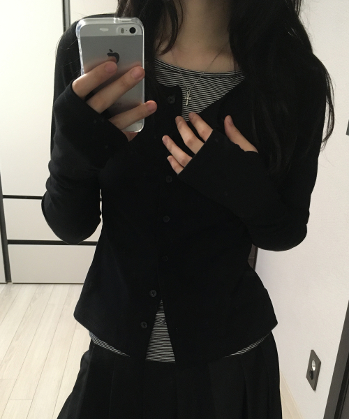 버튼업 단가라 레이어드 슬림 핏 롱슬리브 올데이 가디건 티셔츠 [블랙]