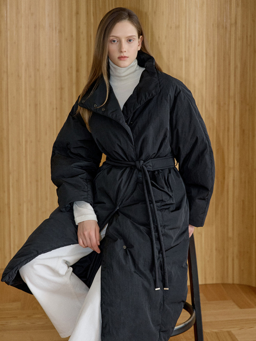 High Neck Belted Long Down Coat Black AT5JUF052BK