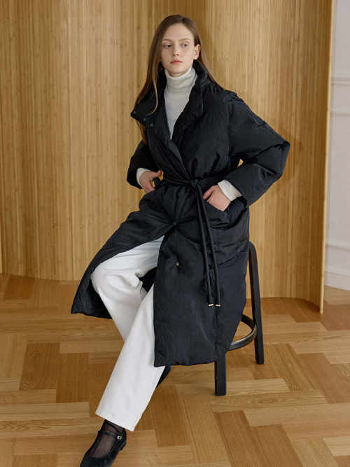 High Neck Belted Long Down Coat Black AT5JUF052BK