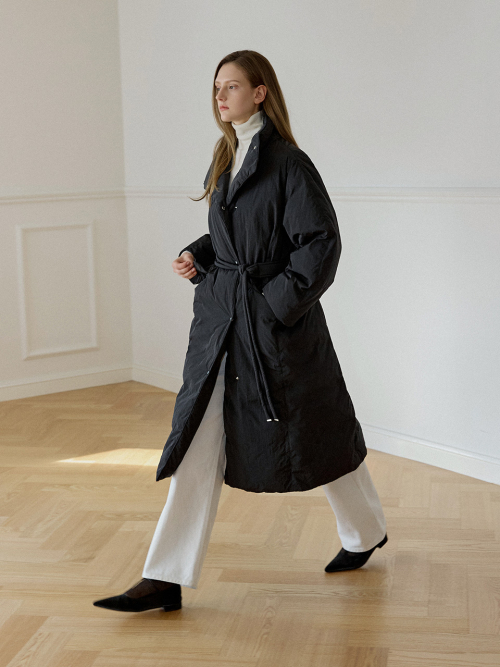 High Neck Belted Long Down Coat Black AT5JUF052BK