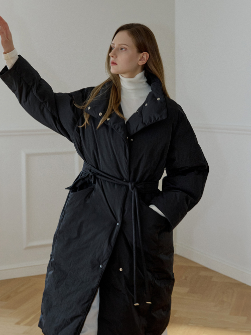 High Neck Belted Long Down Coat Black AT5JUF052BK