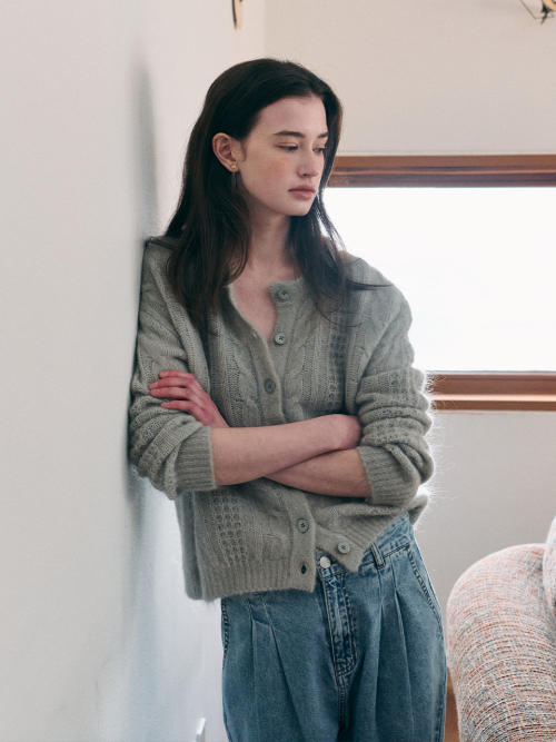 JASMIN cable mohair knit cardigan_MINT