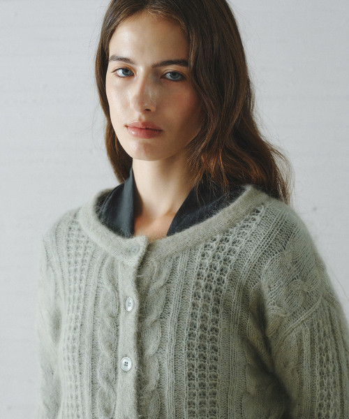 JASMIN cable mohair knit cardigan_MINT