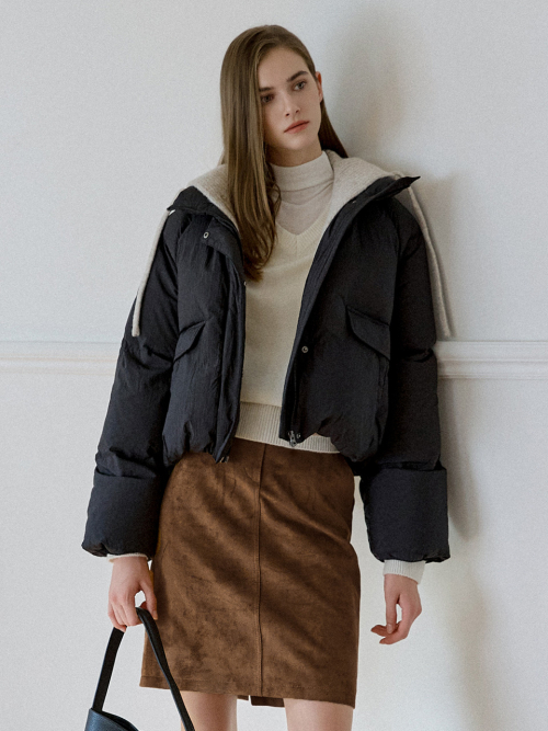 Knit Hooded Crop Down Padding Black AT5JUF055BK