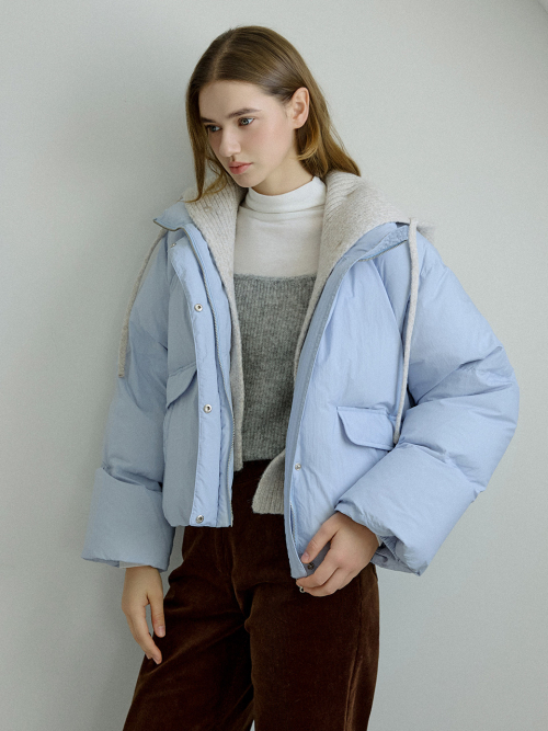 Knit Hooded Crop Down Padding Sky Blue AT5JUF055SL