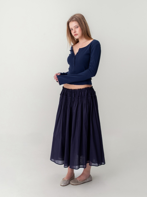 LACE STRING GATHERED LONG SKIRT (NAVY)