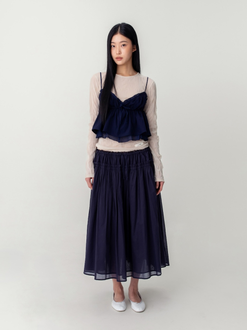 LACE STRING GATHERED LONG SKIRT (NAVY)