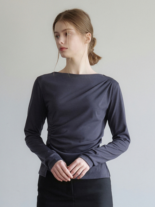 Boat-neck Soft Drape Shirring T-shirt Charcoal AT6TSA018CC