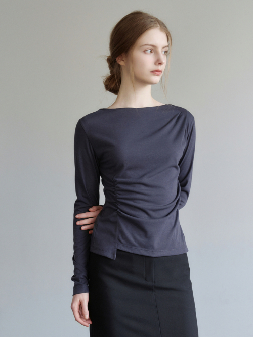 Boat-neck Soft Drape Shirring T-shirt Charcoal AT6TSA018CC
