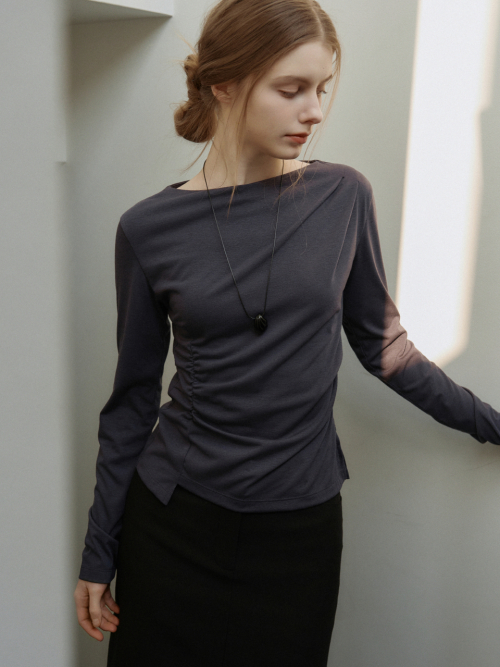 Boat-neck Soft Drape Shirring T-shirt Charcoal AT6TSA018CC