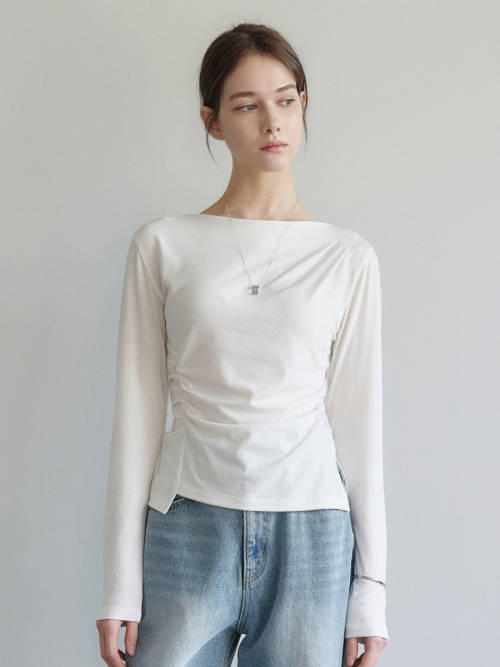 Boat-neck Soft Drape Shirring T-shirt White AT6TSA018WT