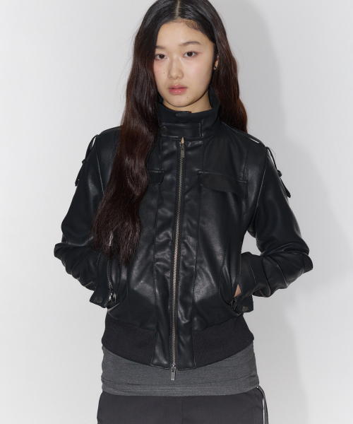 하이넥 버튼 베이직 투웨이 인시전 블루종 크롭 레더 자켓_2COLOR