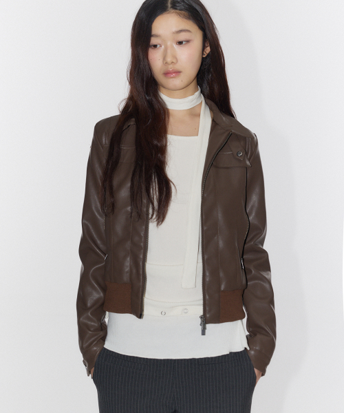 하이넥 버튼 베이직 투웨이 인시전 블루종 크롭 레더 자켓_2COLOR