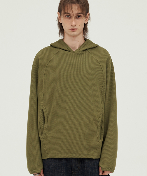 Finger-Hole Waffle Hoodie MOSS GREEN