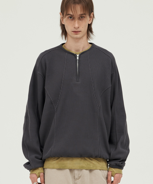 Quarter Zip-Up Waffle Pullover CHARCOAL
