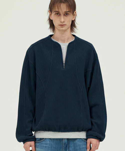 Quarter Zip-Up Waffle Pullover NAVY