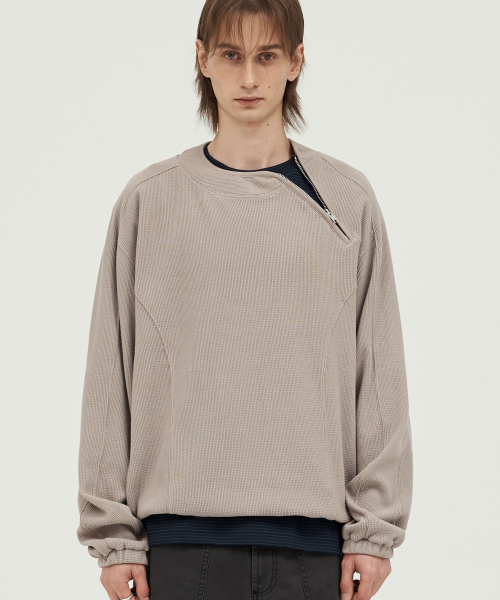 Shoulder Zip-Up Waffle Pullover SAND