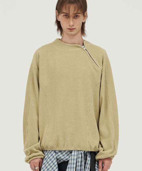 Shoulder Zip-Up Waffle Pullover BUTTER
