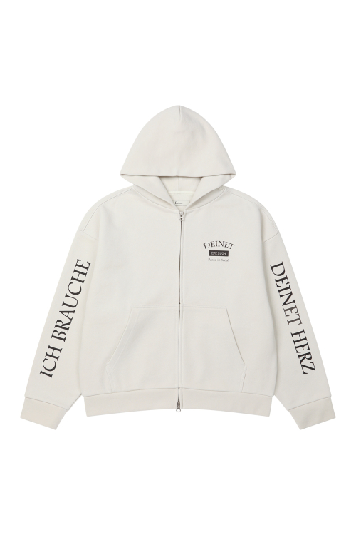 GERMAN LETTERING HOODIE ZIP-UP IN IVORY