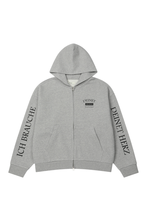 GERMAN LETTERING HOODIE ZIP-UP IN MELANGE GREY