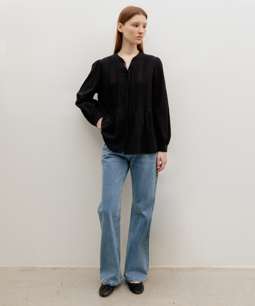 Plisse Pin-Tuck Tie Blouse Black