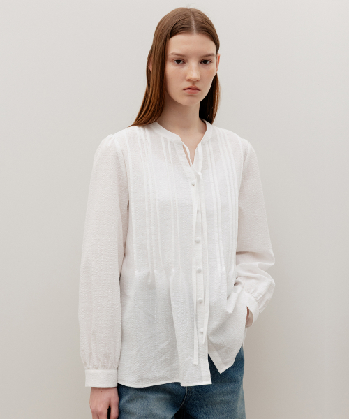 Plisse Pin-Tuck Tie Blouse White