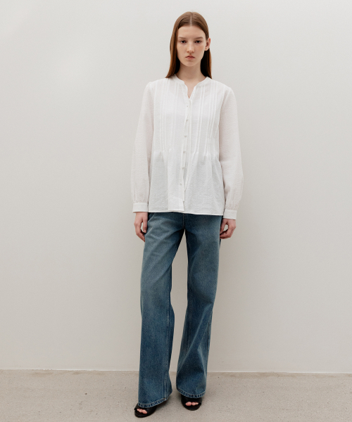 Plisse Pin-Tuck Tie Blouse White