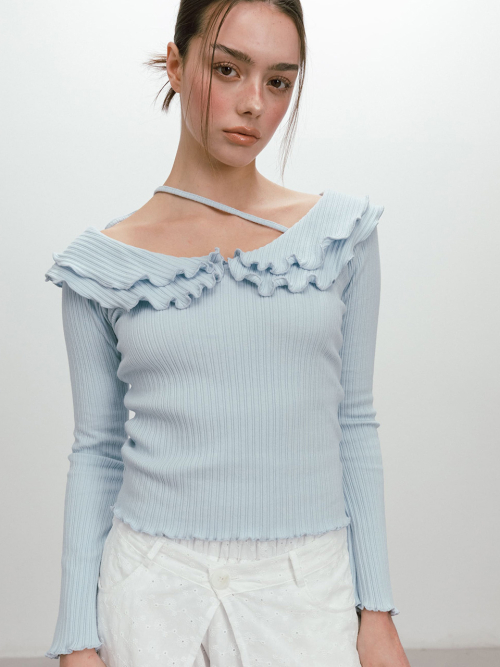 FRILL OFF SHOULDER T-SHIRT / SKYBLUE