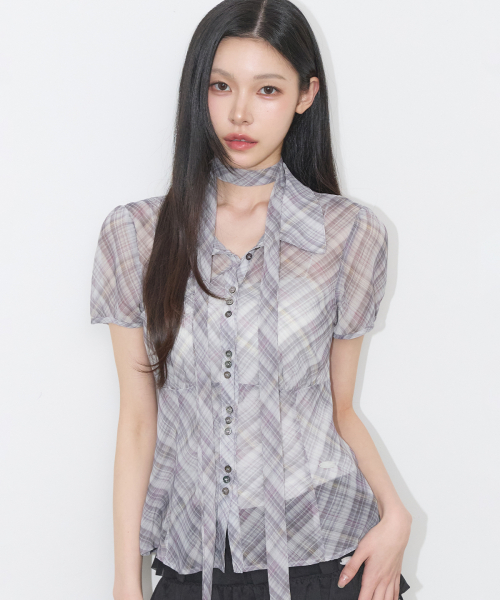 Flare Puff Blouse Check Beige