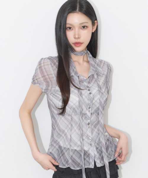 Flare Puff Blouse Check Beige