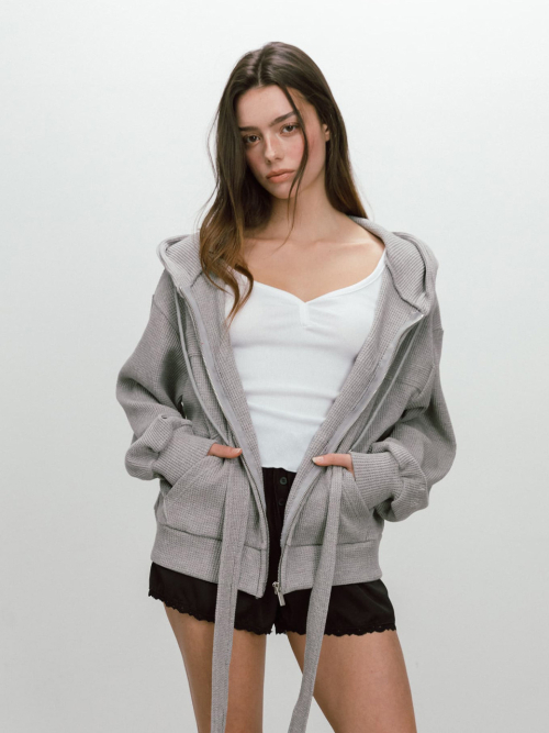 RIBBON WAFFLE HOODIE / GREY