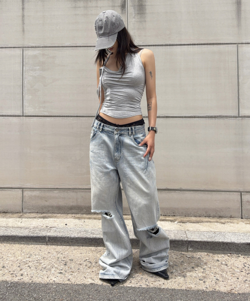 25Damaged Washing Wide Denim (Ice Blue)