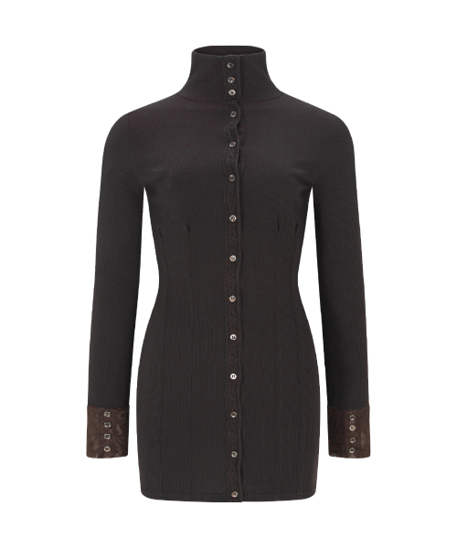 Karin High-neck Lace Pintuck Dresses (Brown)