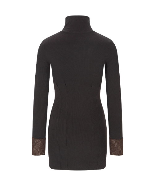 Karin High-neck Lace Pintuck Dresses (Brown)